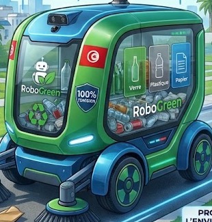 Le robot RoboGreen avec ses compartiments verre, plastique et papier